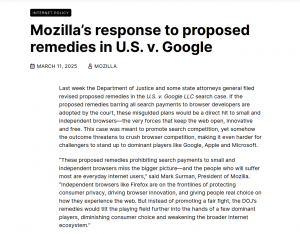 Mozilla против запрета отчислений за трафик поисковой системе Google по антимонопольным претензиям Минюста США